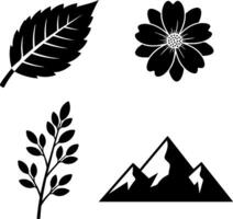 Four black silhouette icons leaf flower branch and mountains on white vector