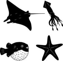 Silhouettes of marine life including a manta ray squid pufferfish and starfish vector