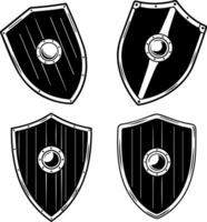 Distinct medieval wooden shields with metal bosses and striking designs vector