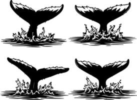 Four detailed illustrations of whale tails splashing water in a stylized artistic manner vector
