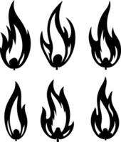 Collection of six stylized black flame icons on a transparent background vector