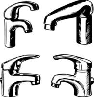 Four distinct chrome bathroom sink faucets with elegant curved spouts and handles vector