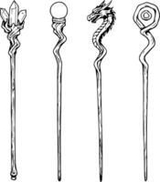 Four distinct fantasy staffs with unique ornate tops including crystals a sphere and a dragon vector