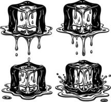 Four hand drawn ice cubes melting and dripping with water splashes vector