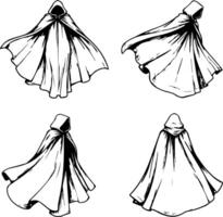 Four detailed illustrations of a flowing hooded cloak from different angles vector
