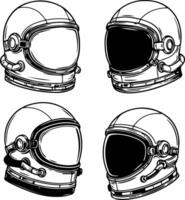Detailed hand drawn illustrations of futuristic astronaut helmets from multiple angles vector