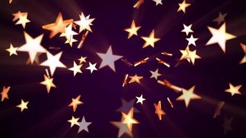Shiny golden stars floating in the air with light beams on dark purple background. Full HD and looping animation. video