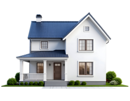 A charming modern two-story house with a deep blue roof and inviting front porch stands ready for a new family. png