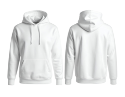 Clean white hooded sweatshirts displayed from front and back for versatile apparel design. png