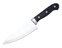 A gleaming chef's knife with a sharp blade and ergonomic handle ready for culinary tasks. png