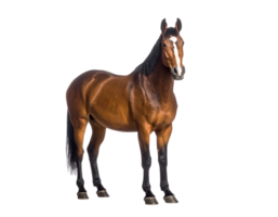 A powerful bay horse with a distinctive white blaze stands confidently, showcasing its athletic build. png