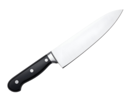 A gleaming professional chef's knife with a sharp blade and ergonomic handle is ready for culinary tasks. png