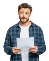 Young Man Holding Paper with Concerned Expression in Casual Outfit png