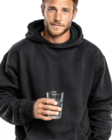 Man in Black Hoodie Holding Clear Glass of Water with a Smile png