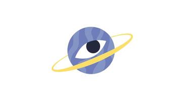 Blue planet with yellow ring and eye looking blinking 2D character animation. Cosmic eyeball ringed. Planetary celestial alien animated creature cartoon 4K isolated on white transparent video
