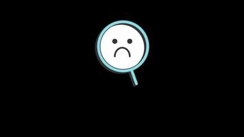 Empty states search error concept. No result screen with magnifying glass and sad face symbol, indicating no results found or search problem. Flat design illustration on black background. video