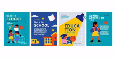 trendy minimalist Back to School horizontal poster collection, vertical banner and flyer template with colorful and education elements vector