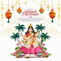 happy vasant panchami background with beautiful woman and indian ornament vector
