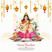 happy vasant panchami background, with beautiful woman playing guitar and indian ornament vector