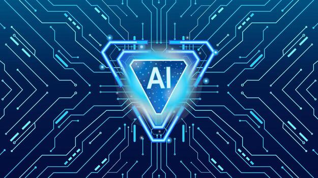 Futuristic quantum AI processor chip with glowing triangle HUD interface vector
