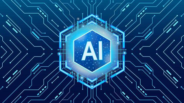 futurista cuántico ai procesador chip con brillante hexagonal hud interfaz vector