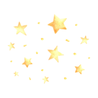 Golden stars with sparkle dots watercolor isolated illustration for kids design. Cute hand drawn midnights background with twinkling constellation. Template for baby print from fairy tale dreams theme png