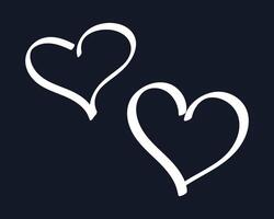 Doodle Chalked two Hearts on black background. Children outline element Love. Hand drawn Romance. Linear passion, feeling. Tenderness, care. Isolated drawing on chalkboard. Comic illustration vector