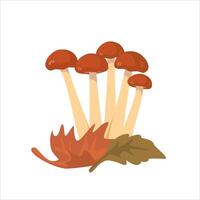 A cute illustration of a group of mushrooms with a brown cap in autumn leaves on the ground. Isolated autumn element for themed decor, children's books. vector