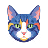 Colorful Geometric Cat Portrait With Green Eyes And Pink Nose Colorful Abstract Cat Portrait Vibrant Orange Blue And White Fur Striking Blue Eyes Isolated On Transparent Background png