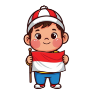 Cartoon Boy Holding Indonesian Flag Wearing Hat Smiling And Standing Proudly Isolated On Transparent Background png