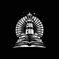 a lighthouse and books on a black background vector