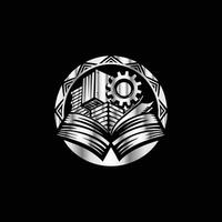 a black and white logo with a book and gears vector