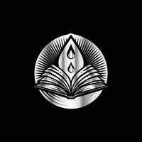 a black and white logo for a book with a flame vector