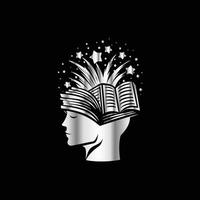 a silver logo with a head with a book inside vector