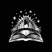 an open book with stars and a city on it vector