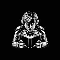 a boy reading a book on a black background. vector