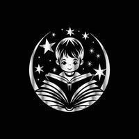 a boy reading a book in a circle with stars vector