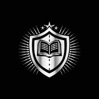an open book with a shield on a black background vector