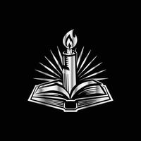 a black and white logo for a book with a candle vector