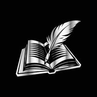 an open book with a feather pen on top vector