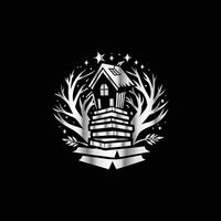 a black and white logo with a house and trees vector