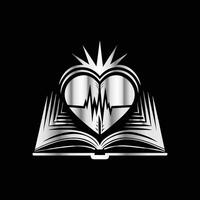 an open book with a heart and a heartbeat vector