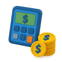 3D isometric calculator with dollar symbol and stacked gold coins. Cute and colorful style. Great for finance, accounting, savings, or budgeting design. png