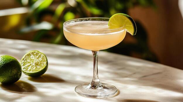 A refreshing cocktail garnished with lime slices on a marble surface photo
