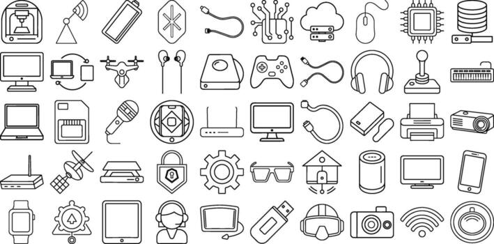 50 Line Art Icons of Digital Devices and Technology Elements Including Smartphones, Computers, Smartwatches, Wearables, Cloud Systems, and Accessories for App Interfaces and Tech Illustrations vector