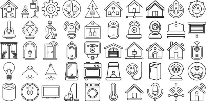 50 Line Art Icons Representing Smart Home and Automation Technology Including Devices for Climate Control, Security, Smart Appliances, Lighting, and Wireless Connectivity for Modern IoT Systems vector