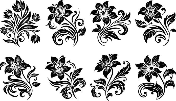 Artistic Monochrome Flower Embellishments Digital Clip Art Ornate Botanical Scrolls for Branding