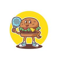 burger mascot with padel outfit good for sticker, badge, food mascot, etc vector