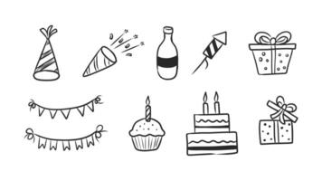 Collection of Party Elements and Birthday Celebration Decorations Hand-Drawn Illustration vector