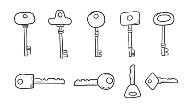 Diverse Collection of Hand-Drawn Keys, Representing Access, Security, and Opportunities vector